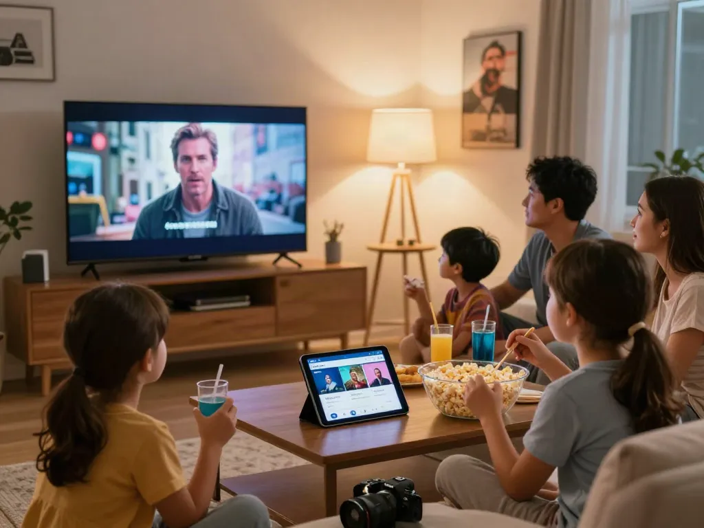 Family enjoying a movie box download on a smart TV in a cozy living room.