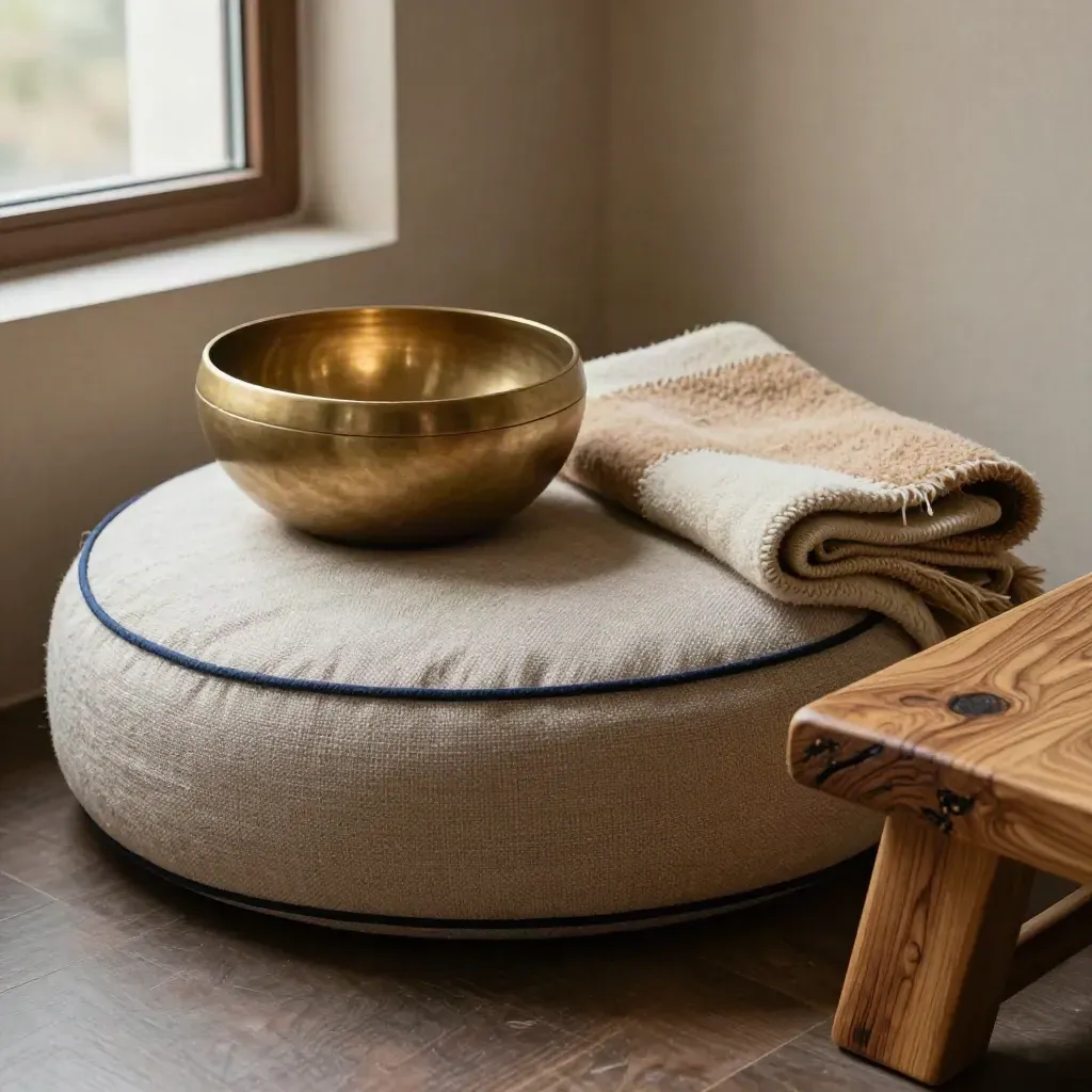 Meditation nook with zafu cushion, brass bowl, wool throw and cedar stool in warm light