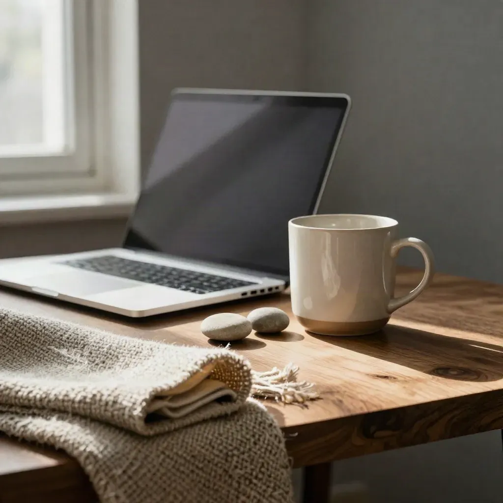 Stress-coaching desk corner with closed laptop, mug, stones and wool throw in soft daylight.