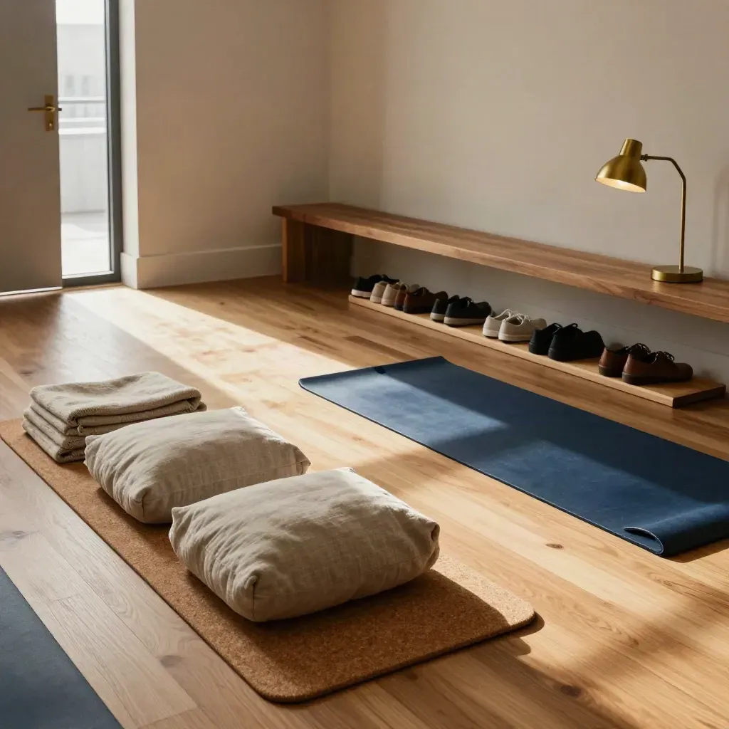 Toronto office lounge turned into a calm yoga nook with mats, bolsters, and lined shoes.