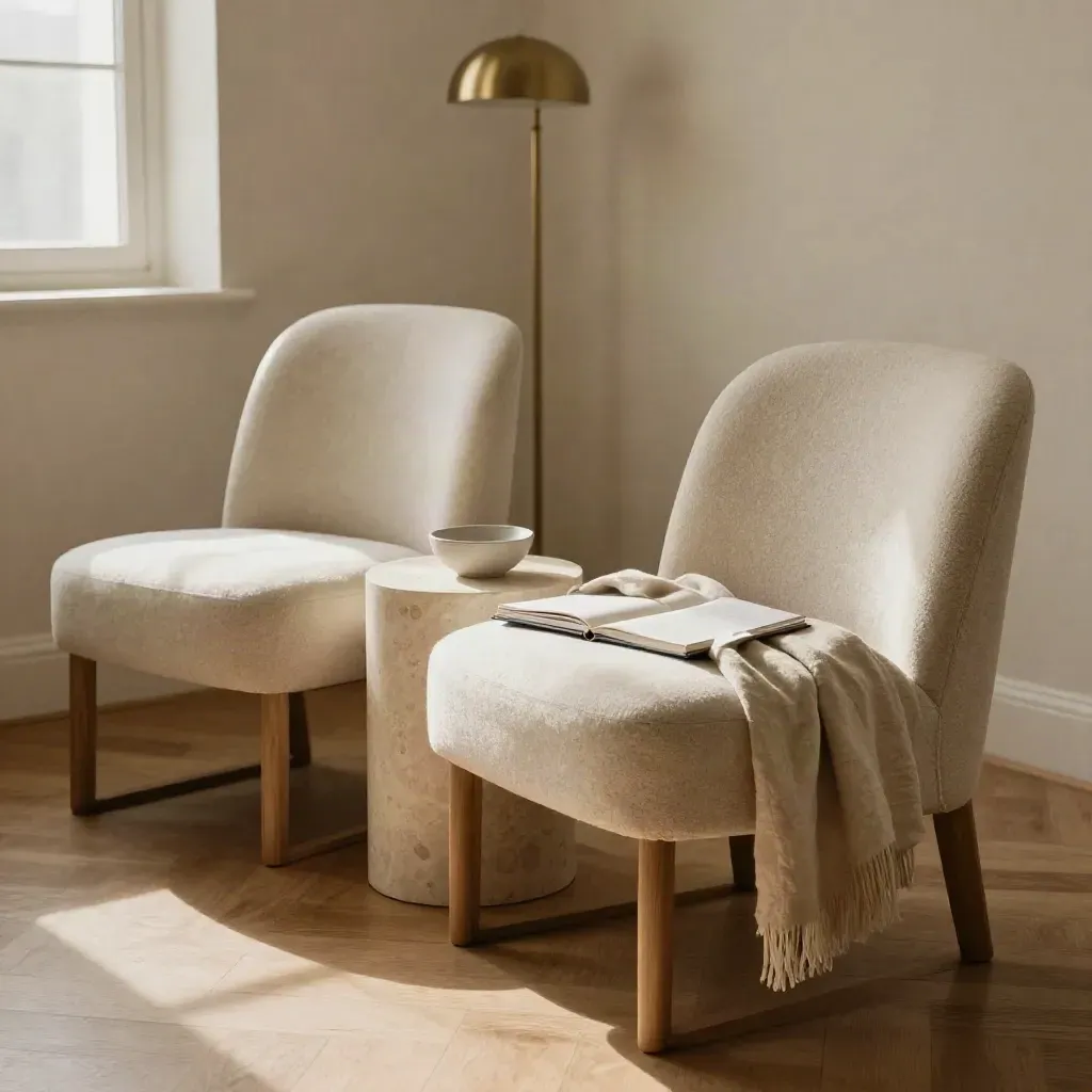 Two low chairs and a side table in a calm consultation corner with linen and a ceramic bowl.