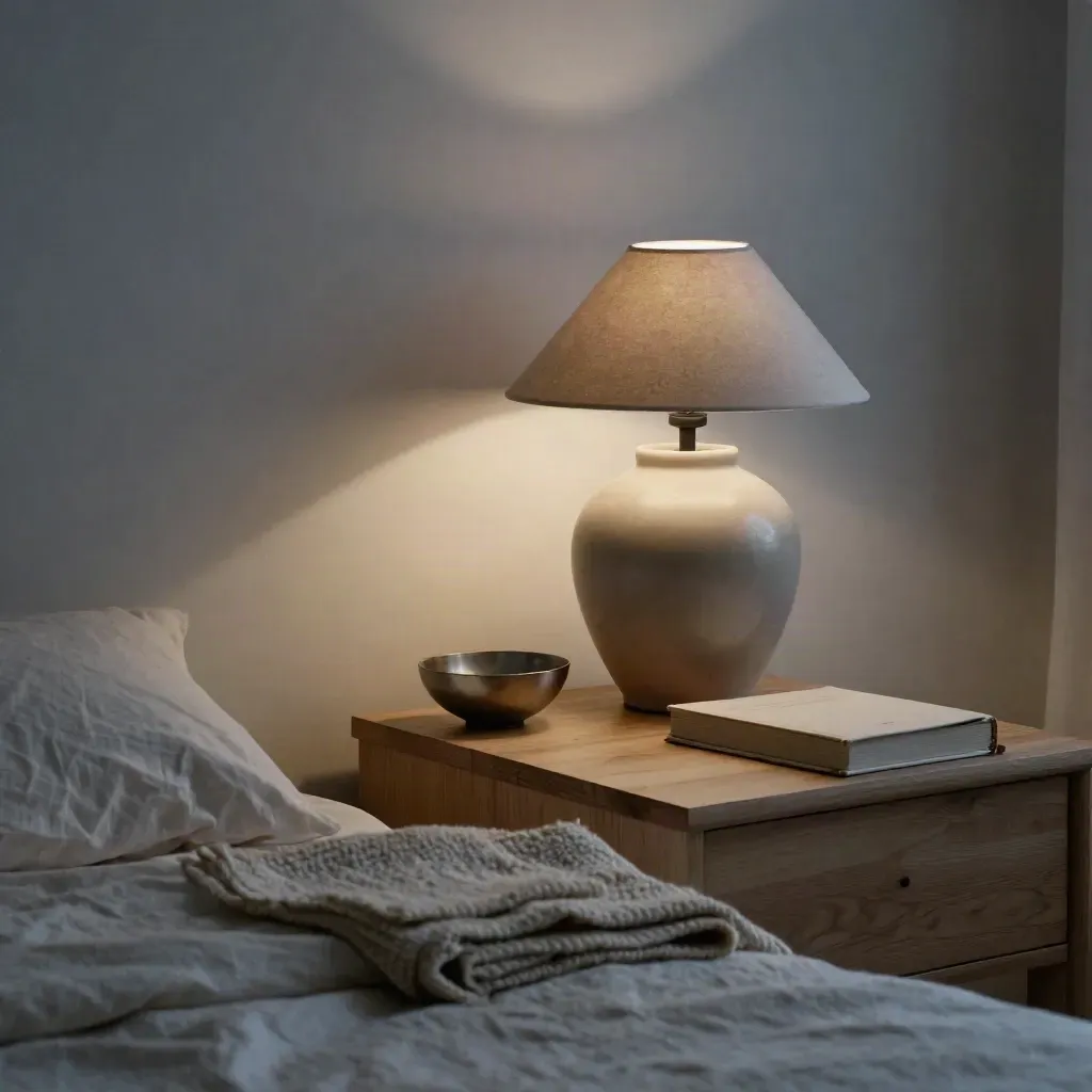 Bedside meditation setup with lamp, blanket, bowl, and closed book in a calm bedroom corner