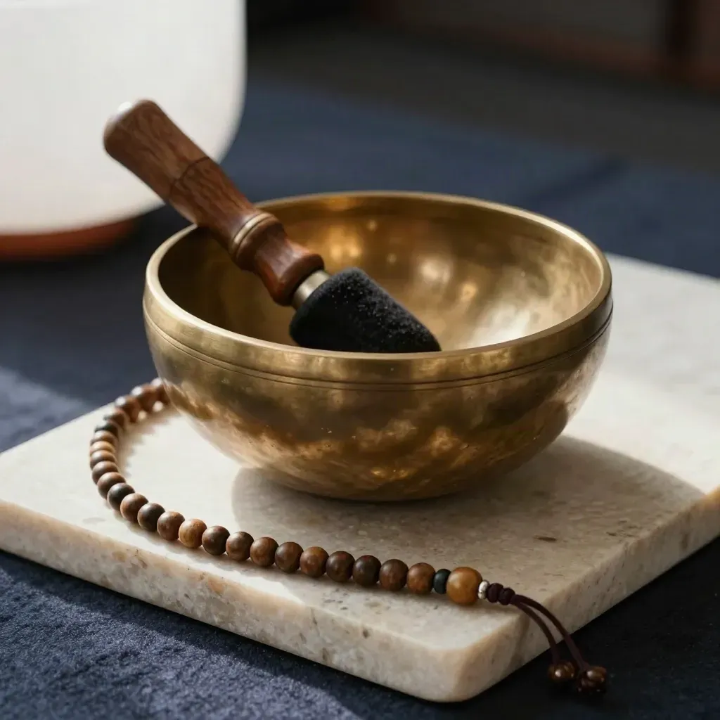 Macro of a brass singing bowl, felt striker and mala beads on stone with soft vibrating haze.