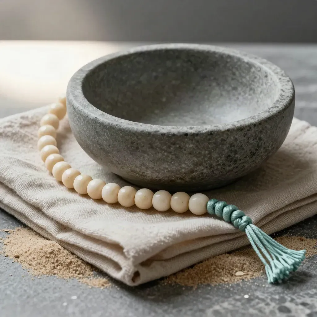 Prayer beads, stone bowl and linen close-up with a soft seafoam accent.