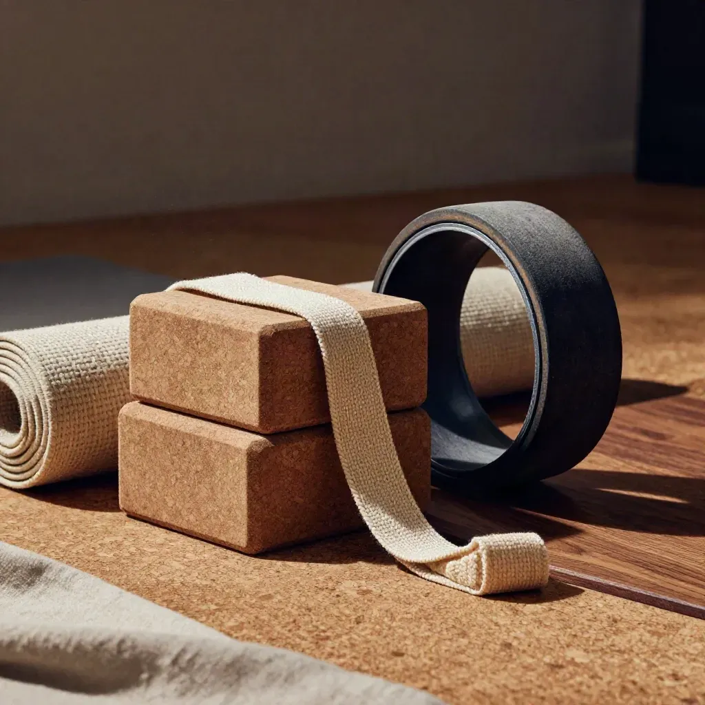 Yoga blocks, strap, mat, and wheel stacked in dramatic studio light on a cork floor.