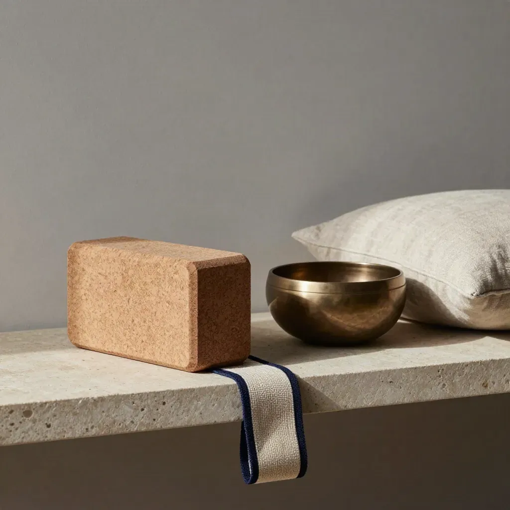 Cork block, strap, bowl, and eye pillow on a stone shelf in soft side light