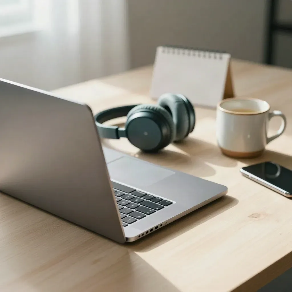 Closed laptop, headset, mug, and face-down phone on pale wood in soft morning light.