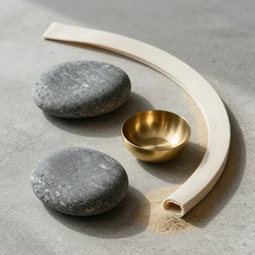 Top-down stones, brass bowl, and rolled strap on concrete in a calm curved layout.