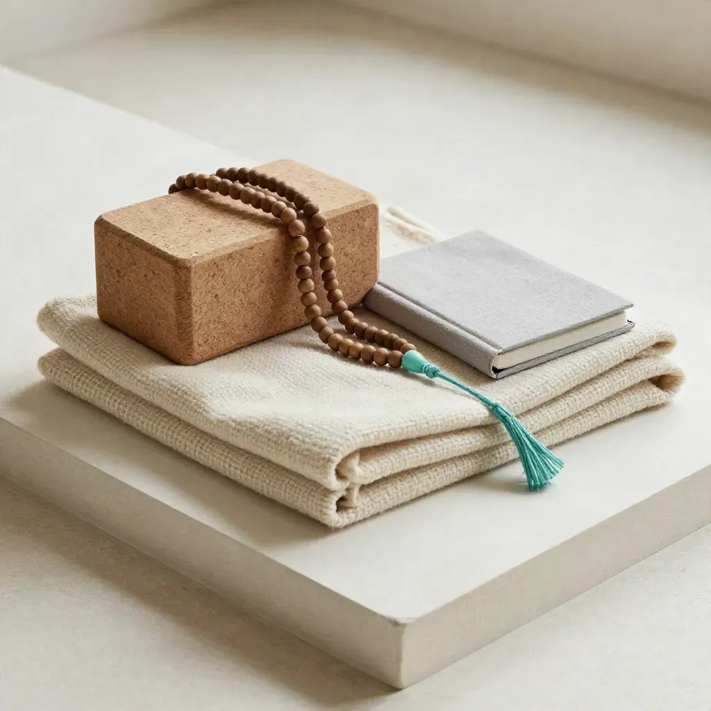 Overhead still life of yoga props and notebook on a soft plaster surface.