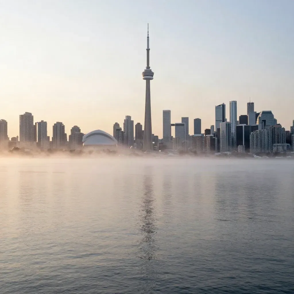 Toronto skyline and CN Tower above Lake Ontario in mist at first light.