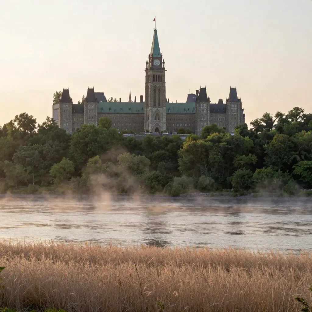 Ottawa River valley at dawn with Parliament Hill and Gatineau heights in mist
